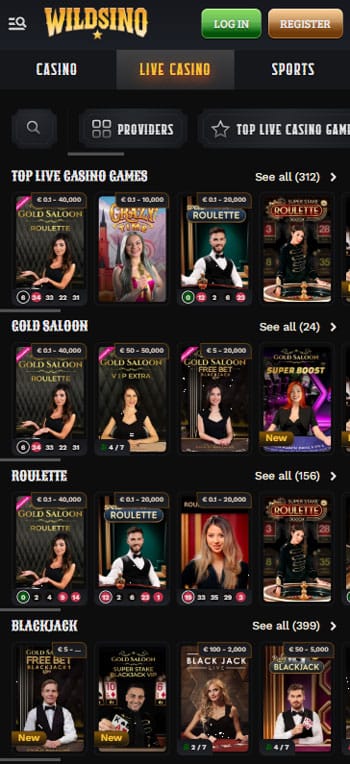 Wildsino Game Library on Mobile